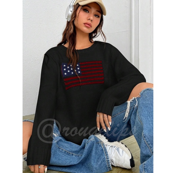 American Flag Knit Black Pullover Sweater Crew Neck Long Sleeve Drop Shoulder - Picture 2 of 7